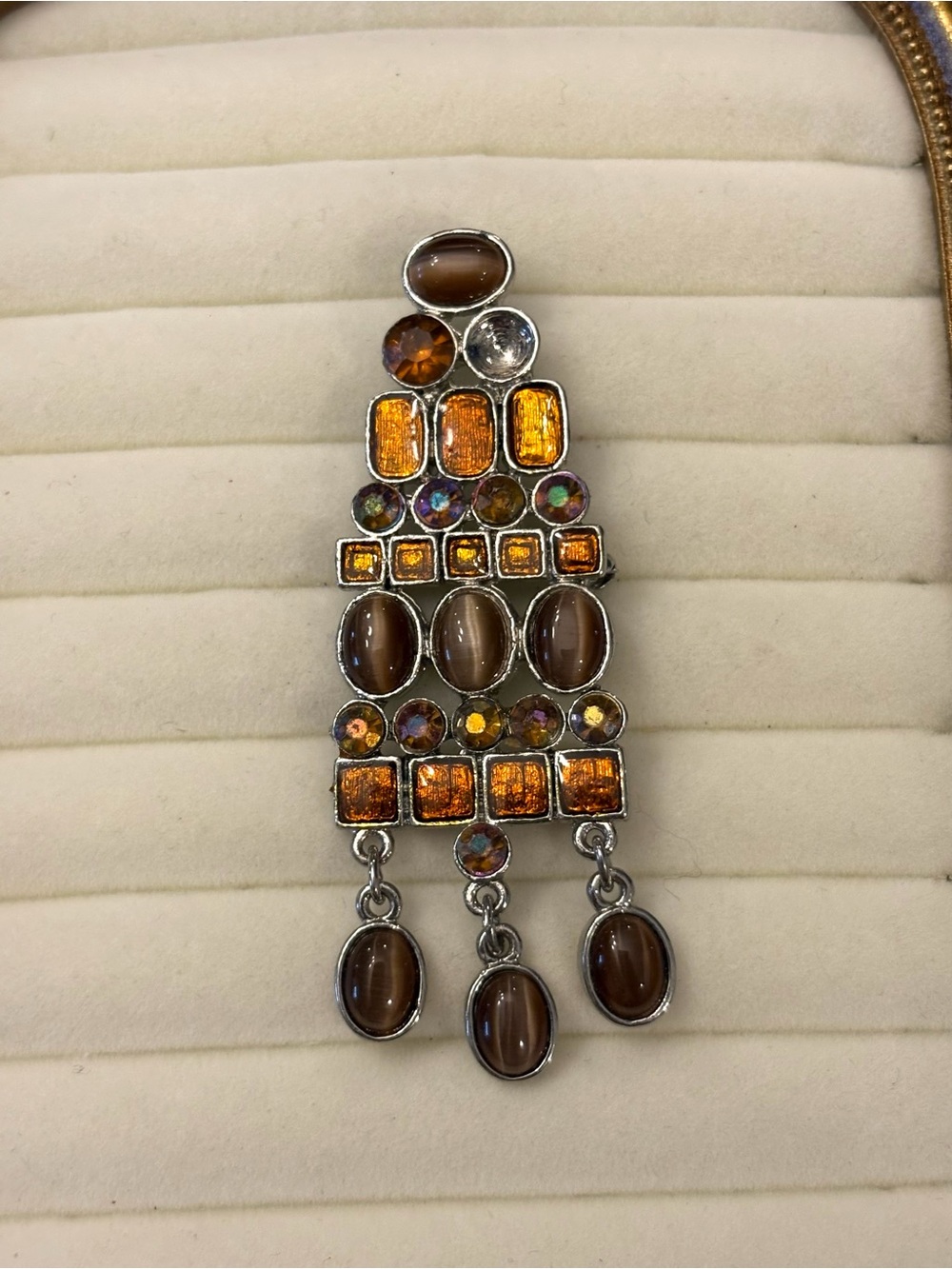 Large Bohemian Dangle Brooch Pendent Silver Tone Brown Cabochons Orange Enamel